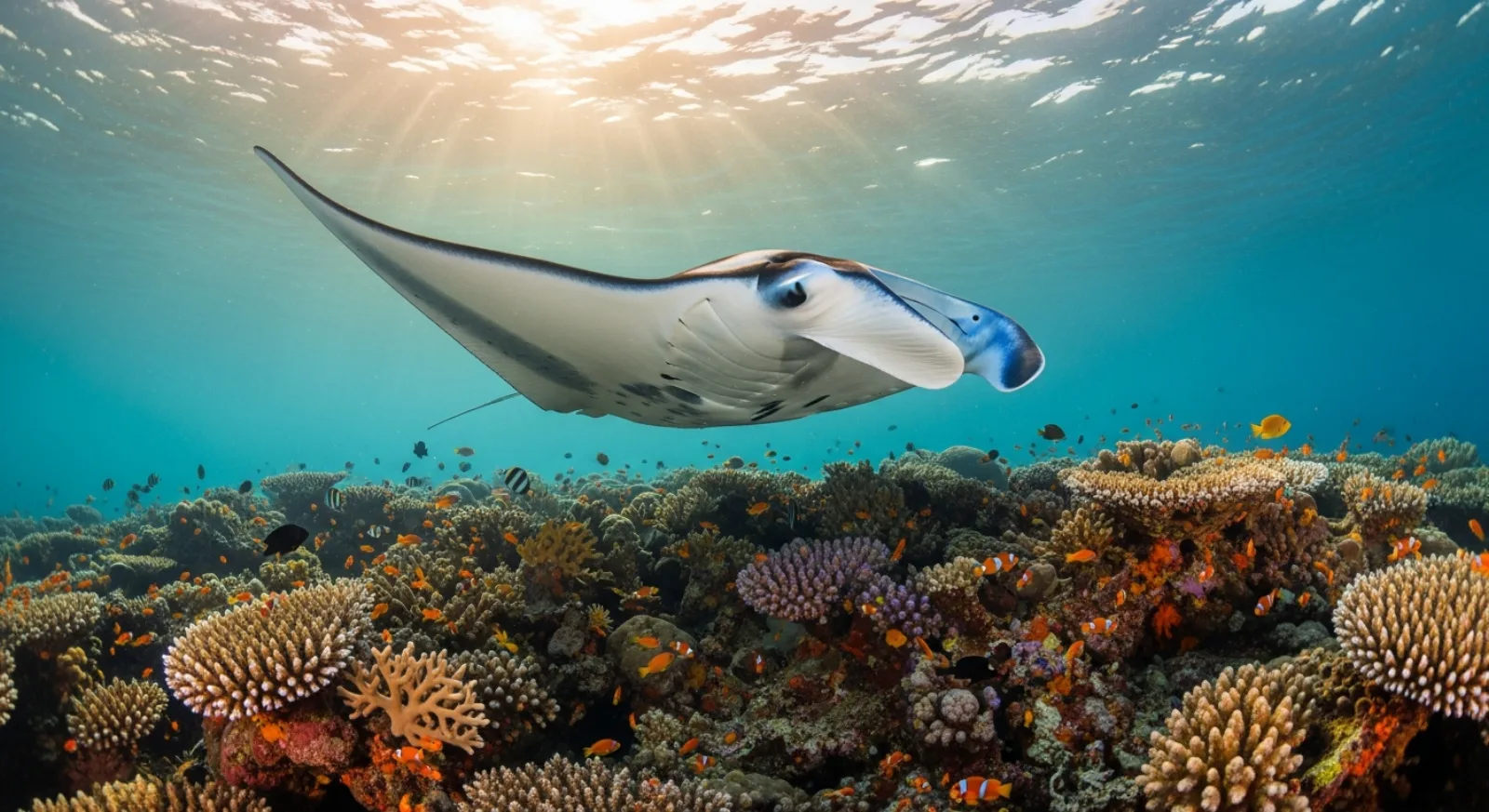 A manta ray gliding over the reef at Manta Point