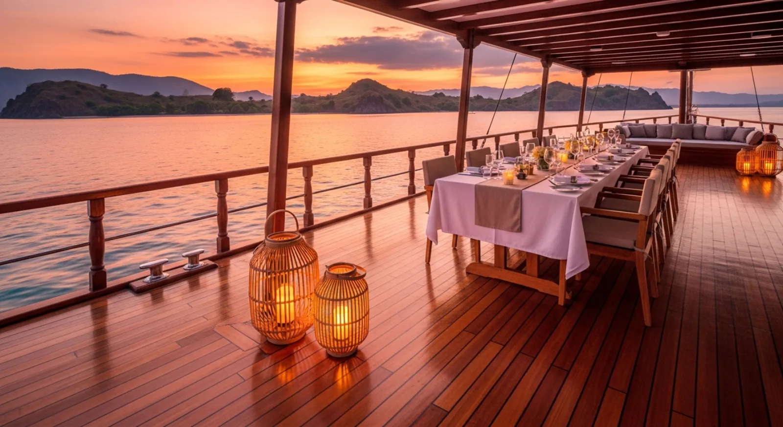 Dinner laid on deck as the sun sets over Komodo